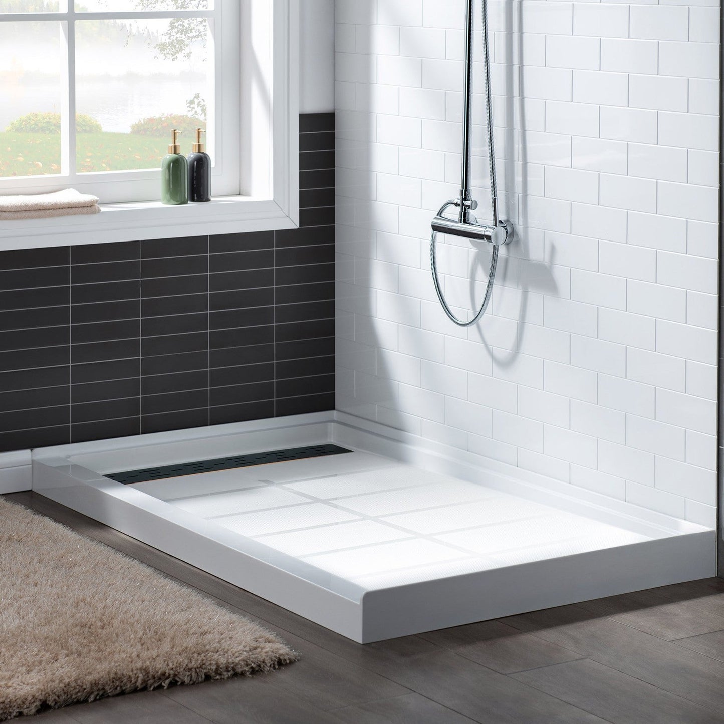 WoodBridge 60" x 32" White Solid Surface Shower Base Left Drain Location With Oil Rubbed Bronze Trench Drain Cover