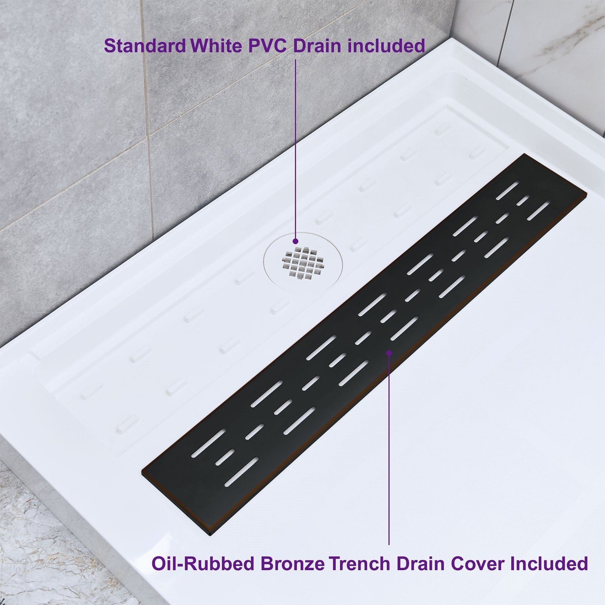 WoodBridge 60" x 32" White Solid Surface Shower Base Left Drain Location With Oil Rubbed Bronze Trench Drain Cover