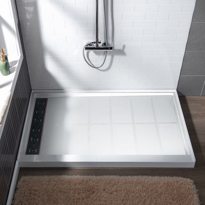 WoodBridge 60" x 32" White Solid Surface Shower Base Left Drain Location With Oil Rubbed Bronze Trench Drain Cover