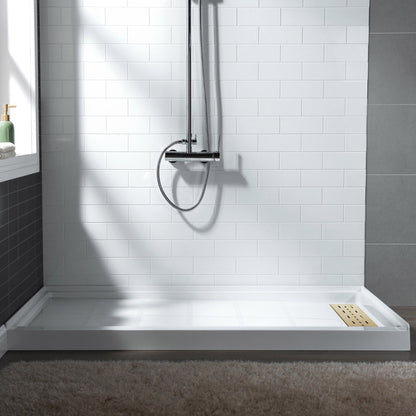 WoodBridge 60" x 32" White Solid Surface Shower Base Right Drain Location With Brushed Gold Trench Drain Cover