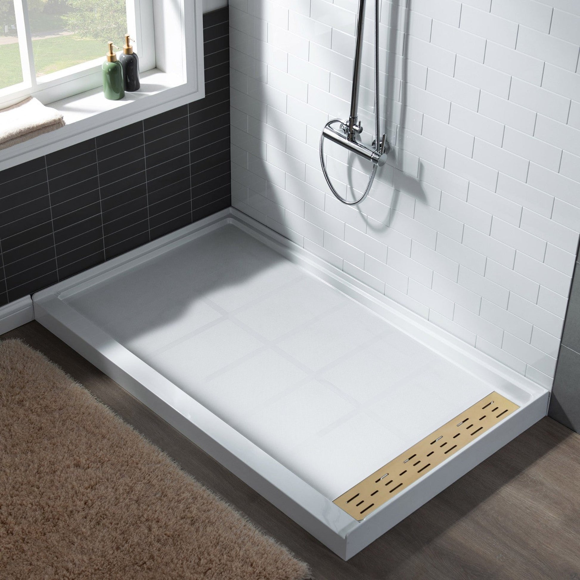 WoodBridge 60" x 32" White Solid Surface Shower Base Right Drain Location With Brushed Gold Trench Drain Cover
