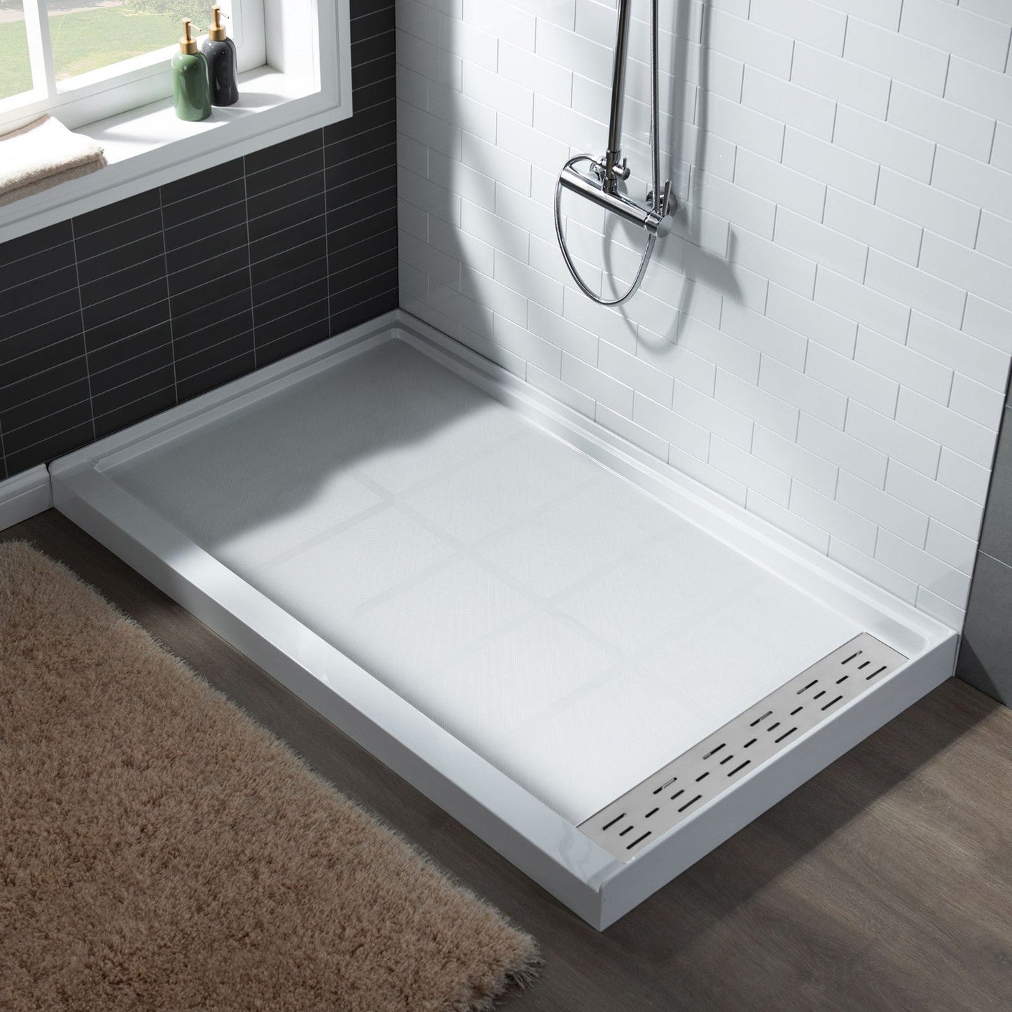 WoodBridge 60" x 32" White Solid Surface Shower Base Right Drain Location With Brushed Nickel Trench Drain Cover