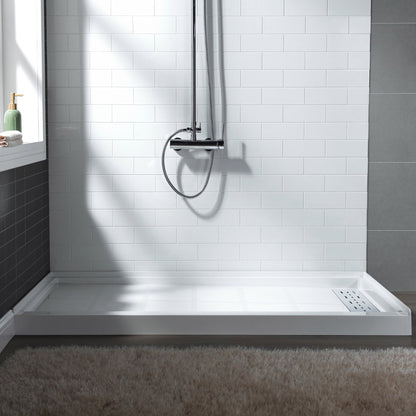 WoodBridge 60" x 32" White Solid Surface Shower Base Right Drain Location With Chrome Trench Drain Cover