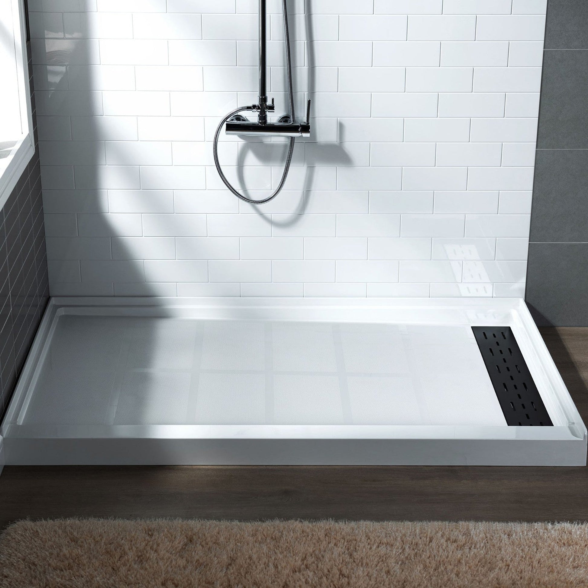 WoodBridge 60" x 32" White Solid Surface Shower Base Right Drain Location With Matte Black Trench Drain Cover