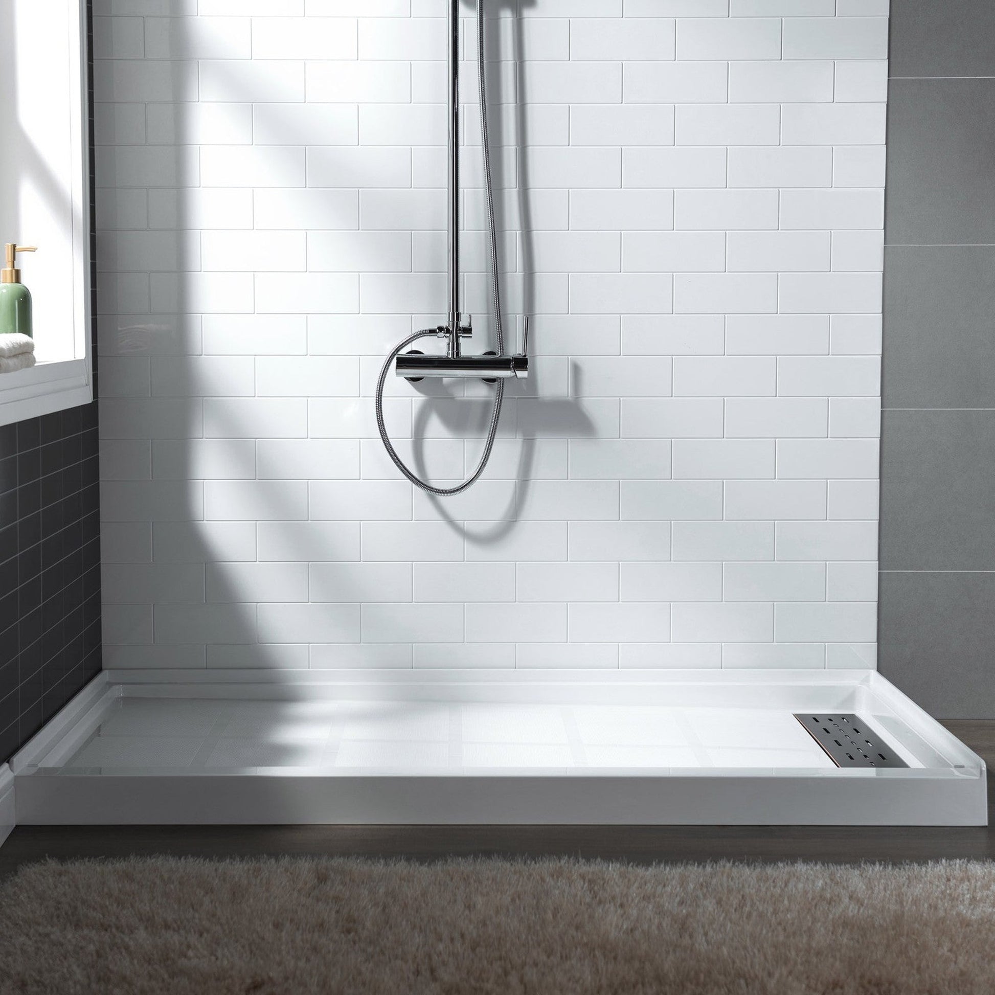 WoodBridge 60" x 32" White Solid Surface Shower Base Right Drain Location With Oil Rubbed Bronze Trench Drain Cover
