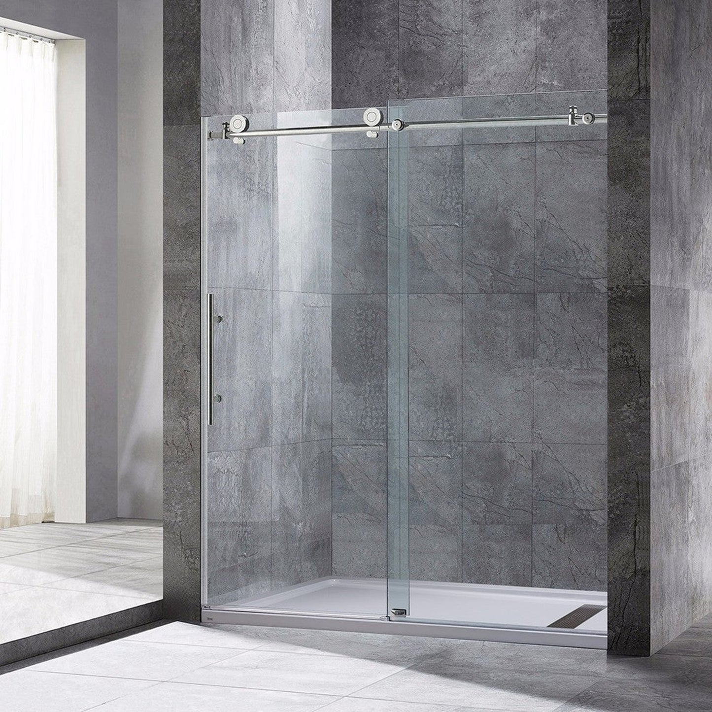 WoodBridge 60" x 34" Black Solid Tileable Integrated Center PVC Drain Shower Base With MBSDC6076-B Brushed Nickel Hardware Frameless Shower Door and SWP603696-3-SB-M Matte White Vertical Pattern 3-Panel Shower Wall Kit