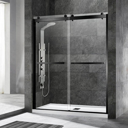 WoodBridge 60" x 34" Black Solid Tileable Integrated Center PVC Drain Shower Base With SDD6076-MBL Matte Black Hardware Frameless Shower Door and SWP603696-1-SU-H White High Gloss Vertical Pattern 3-Panel Shower Wall Kit