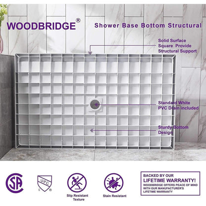 WoodBridge 60" x 34" White Solid Surface Center Drain Location Brushed Gold Trench Cover Shower Base With MBSDC6062-BG Frameless Shower Door and SWP603296-2-SU-H Matte Gray Vertical Pattern 3-Panel Shower Wall Kit