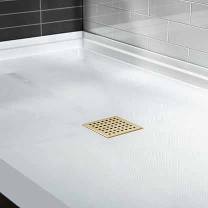 WoodBridge 60" x 34" White Solid Surface Center Drain Location Brushed Gold Trench Cover Shower Base With MBSDC6062-BG Frameless Shower Door and SWP603696-3-SB-M Matte White Vertical Pattern 3-Panel Shower Wall Kit
