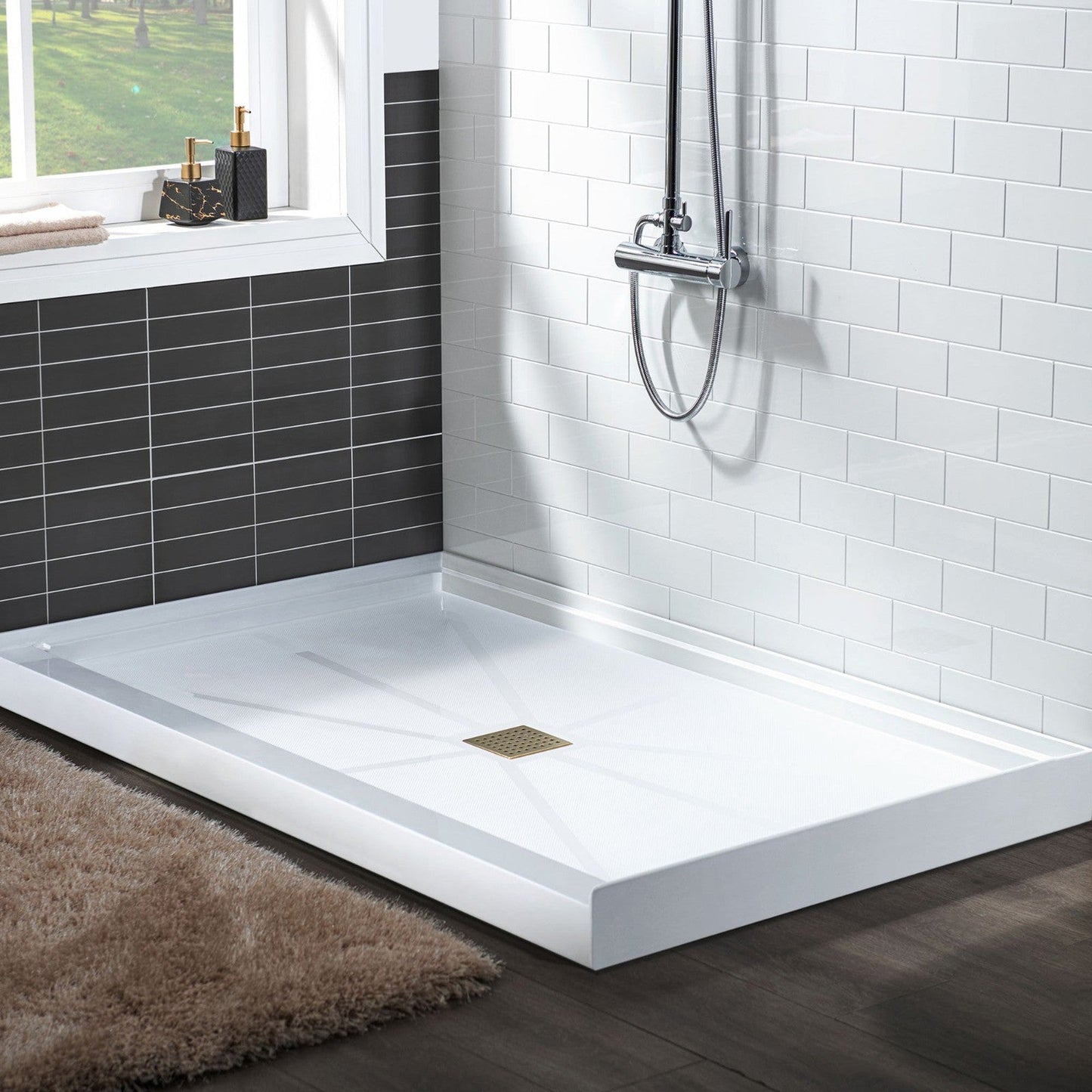 WoodBridge 60" x 34" White Solid Surface Center Drain Location Brushed Gold Trench Cover Shower Base With MBSDC6062-BG Frameless Shower Door and SWP603696-3-SB-M Matte White Vertical Pattern 3-Panel Shower Wall Kit