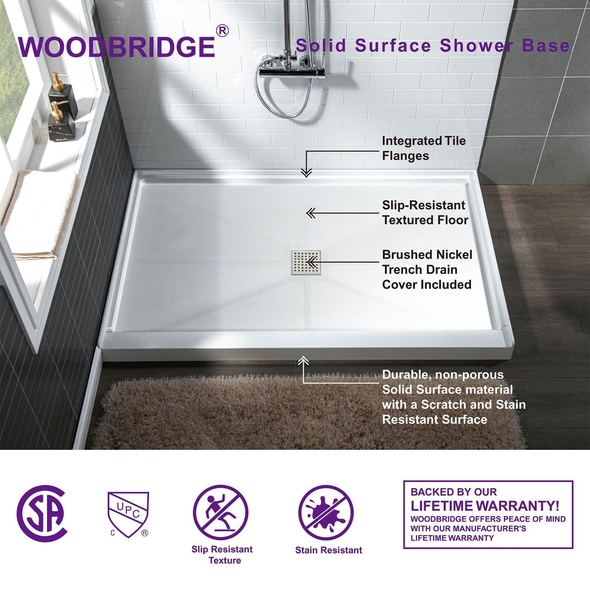 WoodBridge 60" x 34" White Solid Surface Center Drain Location Brushed Nickel Trench Cover Shower Base With MBSDC6062-BN Frameless Shower Door and SWP603296-1-SU-H White High Gloss Vertical Pattern 3-Panel Shower Wall Kit