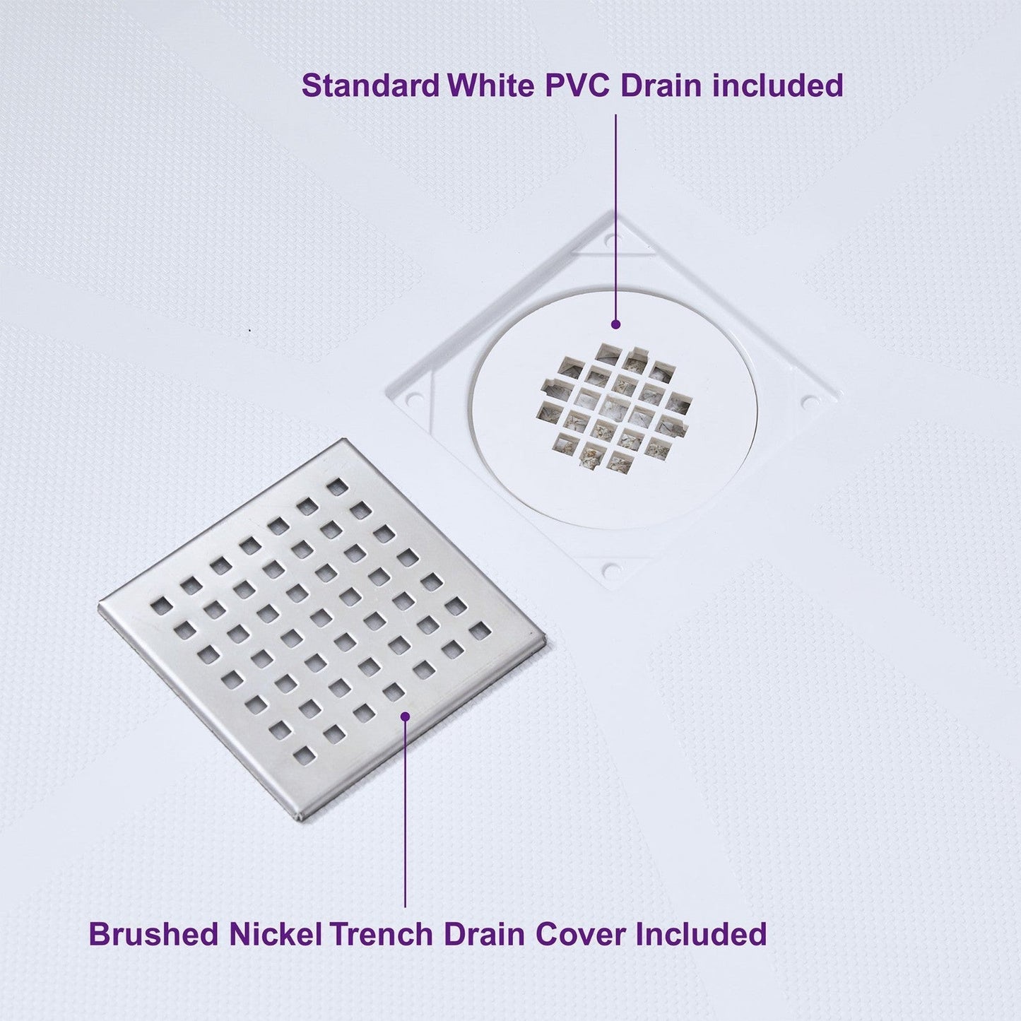 WoodBridge 60" x 34" White Solid Surface Center Drain Location Brushed Nickel Trench Cover Shower Base With MBSDC6062-BN Frameless Shower Door and SWP603296-2-SU-H Matte Gray Vertical Pattern 3-Panel Shower Wall Kit