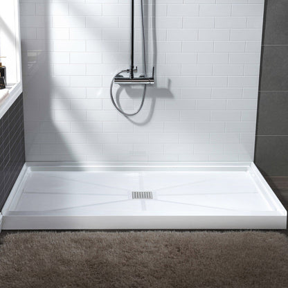 WoodBridge 60" x 34" White Solid Surface Center Drain Location Brushed Nickel Trench Cover Shower Base With MBSDC6062-BN Frameless Shower Door and SWP603296-2-SU-H Matte Gray Vertical Pattern 3-Panel Shower Wall Kit