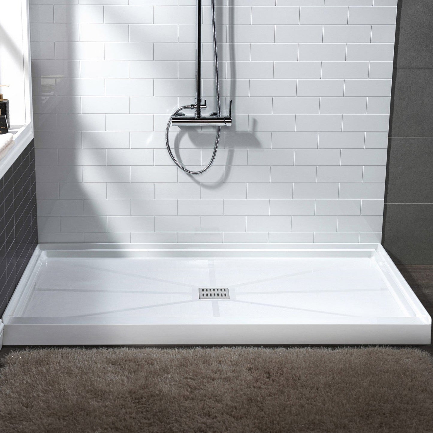 WoodBridge 60" x 34" White Solid Surface Center Drain Location Brushed Nickel Trench Cover Shower Base With MBSDC6076-B Frameless Shower Door and SWP603296-2-SU-H Matte Gray Vertical Pattern 3-Panel Shower Wall Kit