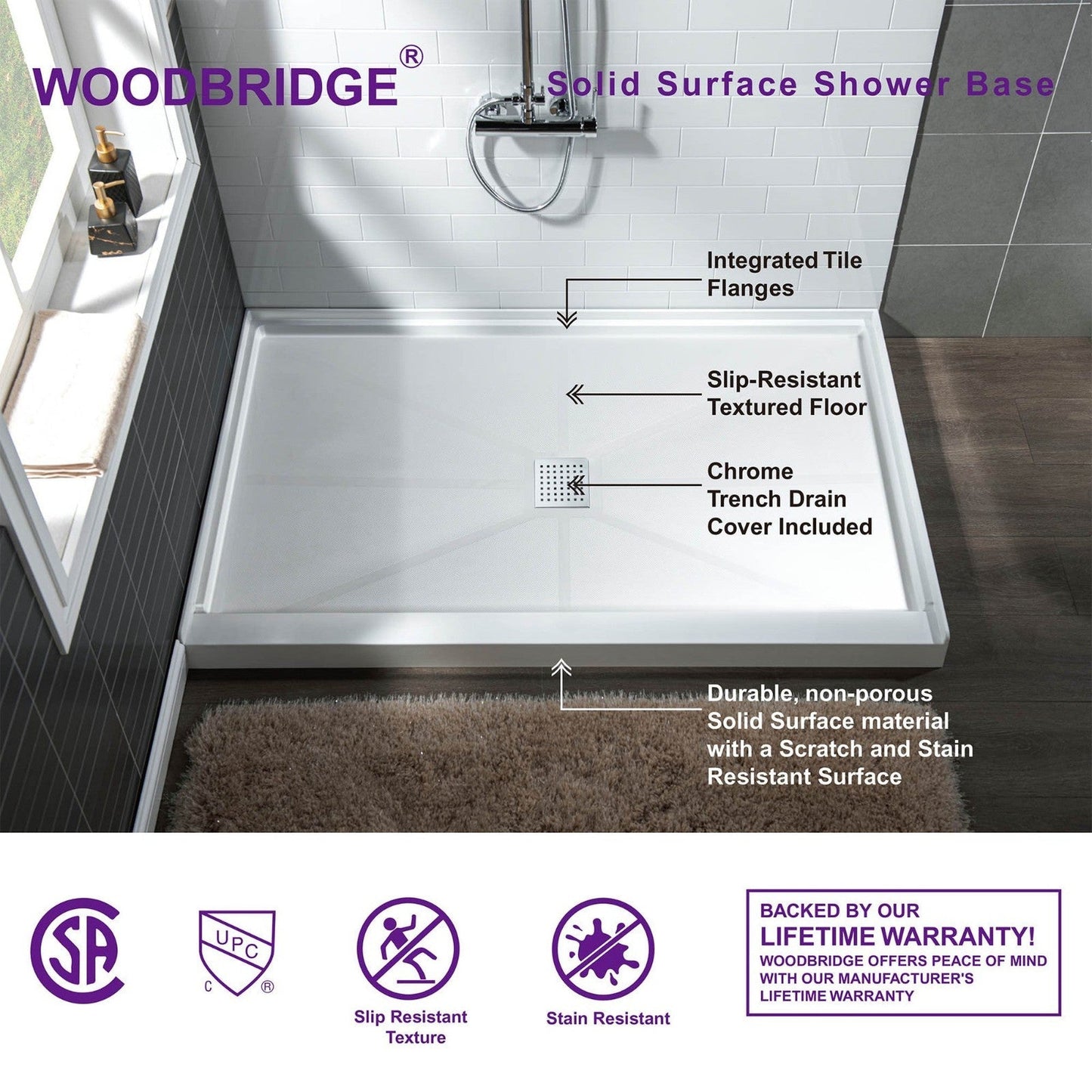 WoodBridge 60" x 34" White Solid Surface Center Drain Location Chrome Trench Cover Shower Base With MBSDC6062-C Frameless Shower Door and SWP603296-2-SU-H Matte Gray Vertical Pattern 3-Panel Shower Wall Kit