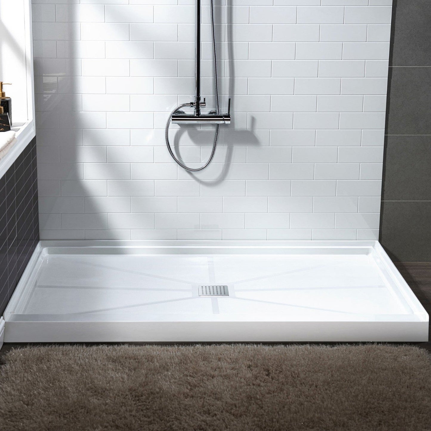 WoodBridge 60" x 34" White Solid Surface Center Drain Location Chrome Trench Cover Shower Base With MBSDC6062-C Frameless Shower Door and SWP603296-2-SU-H Matte Gray Vertical Pattern 3-Panel Shower Wall Kit