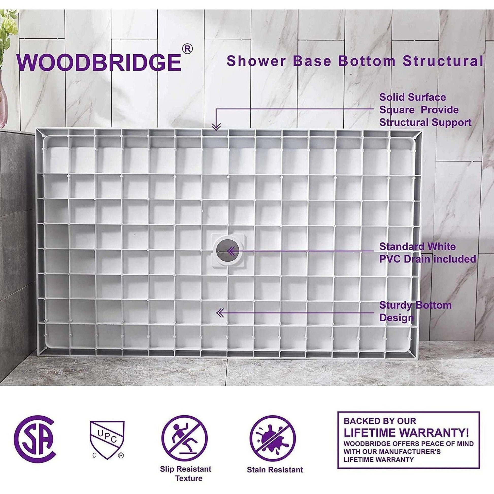 WoodBridge 60" x 34" White Solid Surface Center Drain Location Chrome Trench Cover Shower Base With MBSDC6062-C Frameless Shower Door and SWP603296-2-SU-H Matte Gray Vertical Pattern 3-Panel Shower Wall Kit