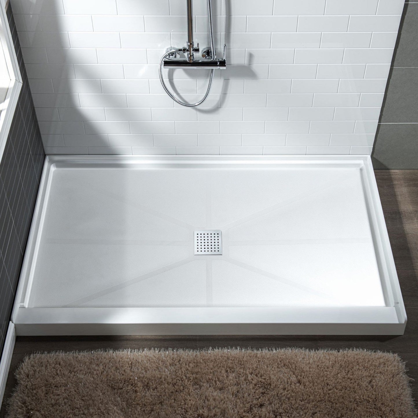 WoodBridge 60" x 34" White Solid Surface Center Drain Location Chrome Trench Cover Shower Base With MBSDC6062-C Frameless Shower Door and SWP603296-2-SU-H Matte Gray Vertical Pattern 3-Panel Shower Wall Kit