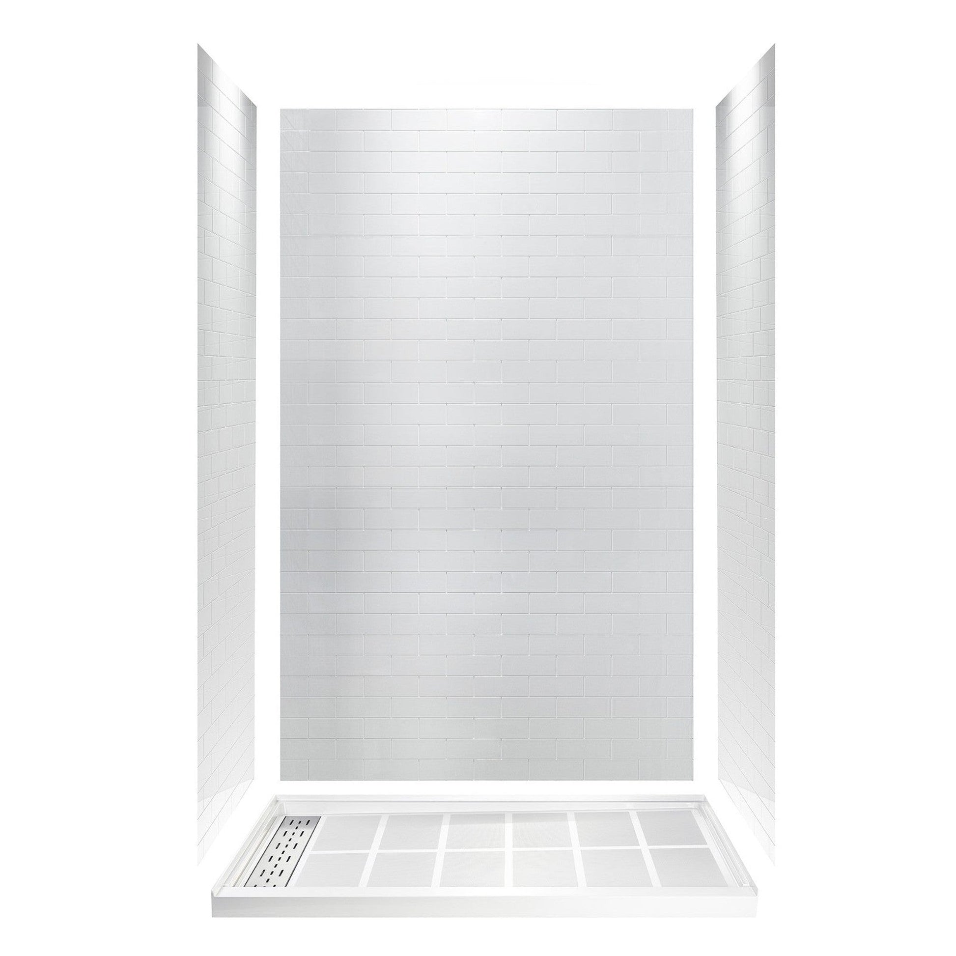 WoodBridge 60" x 34" White Solid Surface Center Drain Location Chrome Trench Cover Shower Base With MBSDC6062-C Frameless Shower Door and SWP603696-1-SU-H White High Gloss Vertical Pattern 3-Panel Shower Wall Kit