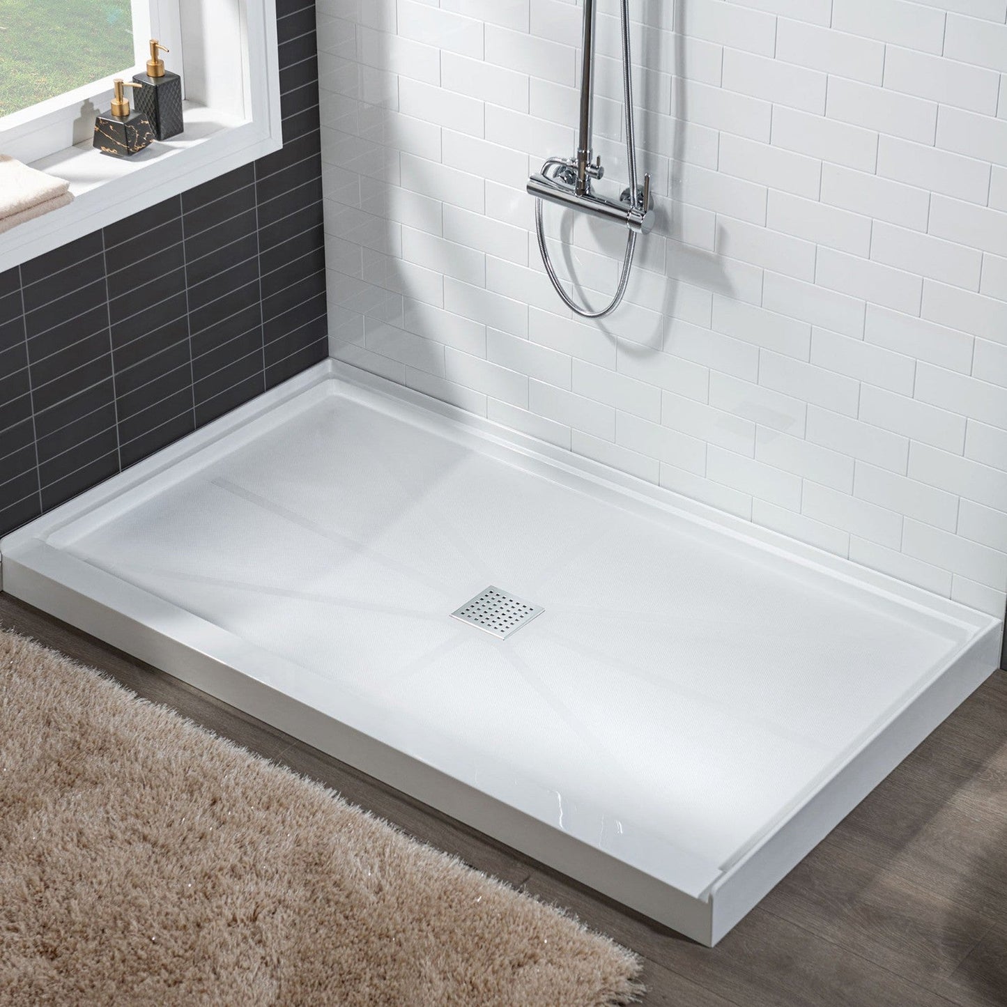 WoodBridge 60" x 34" White Solid Surface Center Drain Location Chrome Trench Cover Shower Base With MBSDC6076-C Frameless Shower Door and SWP603696-1-SU-H White High Gloss Vertical Pattern 3-Panel Shower Wall Kit