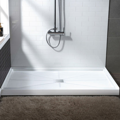 WoodBridge 60" x 34" White Solid Surface Center Drain Location Chrome Trench Cover Shower Base With SDD6062-C Double Sliding Frameless Shower Door and SWP603696-2-SU-H Matte Gray Vertical Pattern 3-Panel Shower Wall Kit