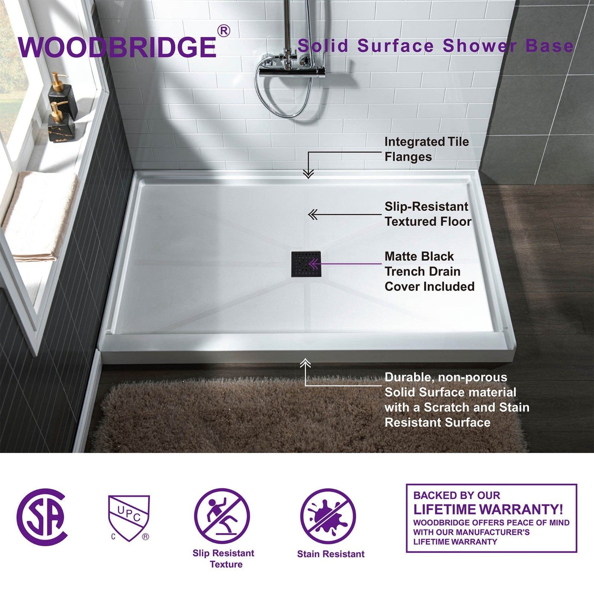 WoodBridge 60" x 34" White Solid Surface Center Drain Location Matte Black Trench Cover Shower Base With MBSDC6076-MBL Frameless Shower Door and SWP603296-2-SU-H Matte Gray Vertical Pattern 3-Panel Shower Wall Kit