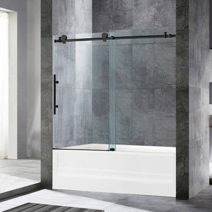 WoodBridge 60" x 34" White Solid Surface Center Drain Location Matte Black Trench Cover Shower Base With MSDC6062-MBL Frameless Shower Door and SWP603296-2-SU-H Matte Gray Vertical Pattern 3-Panel Shower Wall Kit