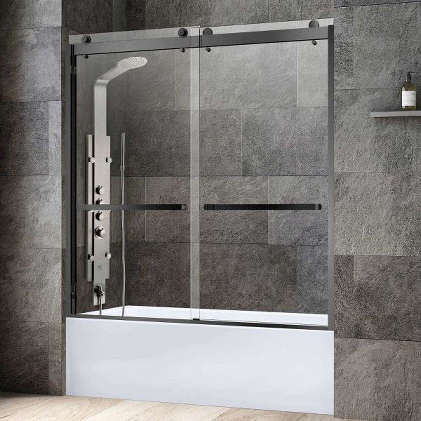 WoodBridge 60" x 34" White Solid Surface Center Drain Location Matte Black Trench Cover Shower Base With SDD6062-MBL Double Sliding Frameless Shower Door and SWP603296-3-SB-M Matte White Vertical Pattern 3-Panel Shower Wall Kit