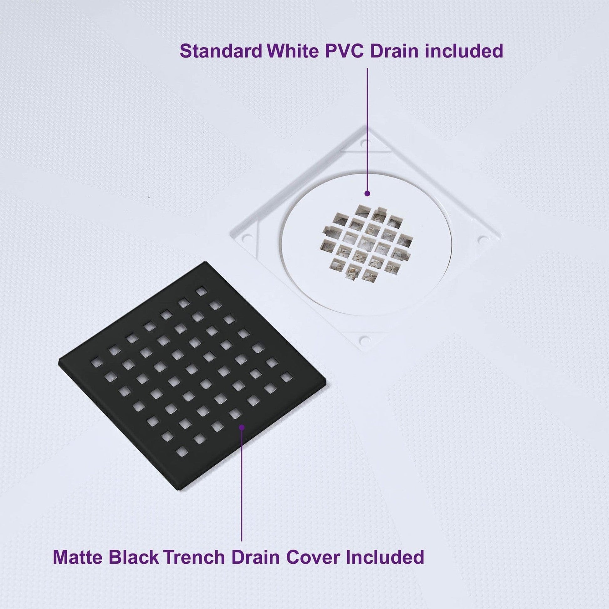 WoodBridge 60" x 34" White Solid Surface Center Drain Location Matte Black Trench Cover Shower Base With SDD6076-MBL Double Sliding Frameless Shower Door and SWP603296-3-SB-M Matte White Vertical Pattern 3-Panel Shower Wall Kit