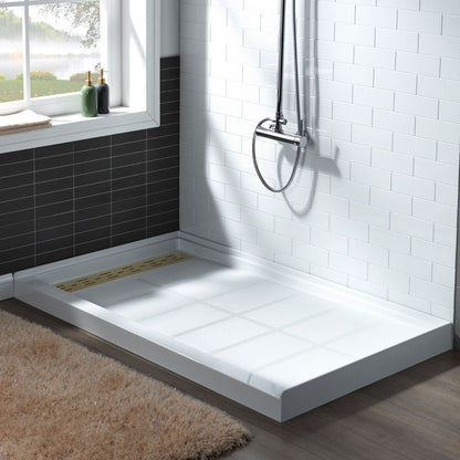 WoodBridge 60" x 34" White Solid Surface Left Drain Location Brushed Gold Trench Cover Shower Base With MBSDC6062-BG Frameless Shower Door and SWP603296-1-SU-H White High Gloss Vertical Pattern 3-Panel Shower Wall Kit