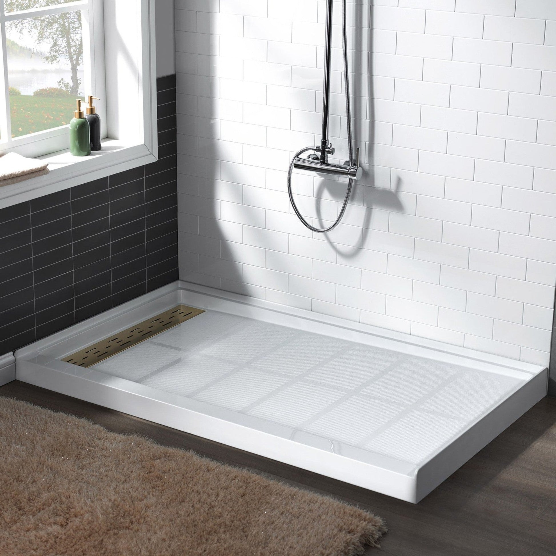WoodBridge 60" x 34" White Solid Surface Left Drain Location Brushed Gold Trench Cover Shower Base With MBSDC6062-BG Frameless Shower Door and SWP603696-1-SU-H White High Gloss Vertical Pattern 3-Panel Shower Wall Kit