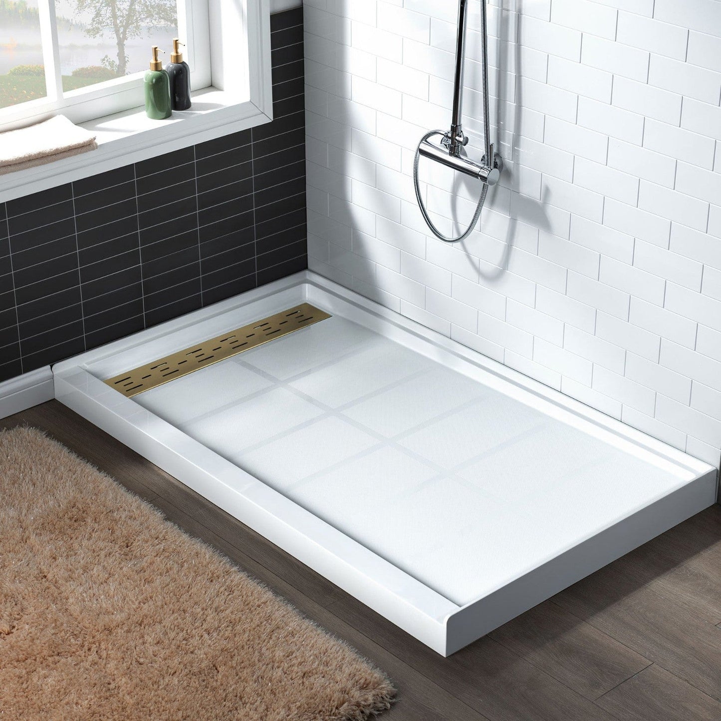 WoodBridge 60" x 34" White Solid Surface Left Drain Location Brushed Gold Trench Cover Shower Base With MBSDC6062-BG Frameless Shower Door and SWP603696-2-SU-H Matte Gray Vertical Pattern 3-Panel Shower Wall Kit