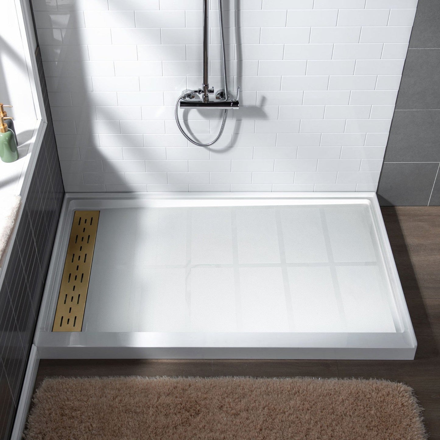 WoodBridge 60" x 34" White Solid Surface Left Drain Location Brushed Gold Trench Cover Shower Base With MBSDC6076-BG Frameless Shower Door and SWP603296-1-SU-H White High Gloss Vertical Pattern 3-Panel Shower Wall Kit