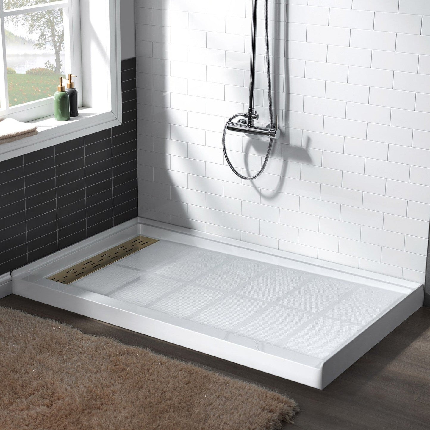 WoodBridge 60" x 34" White Solid Surface Left Drain Location Brushed Gold Trench Cover Shower Base With MBSDC6076-BG Frameless Shower Door and SWP603296-2-SU-H Matte Gray Vertical Pattern 3-Panel Shower Wall Kit