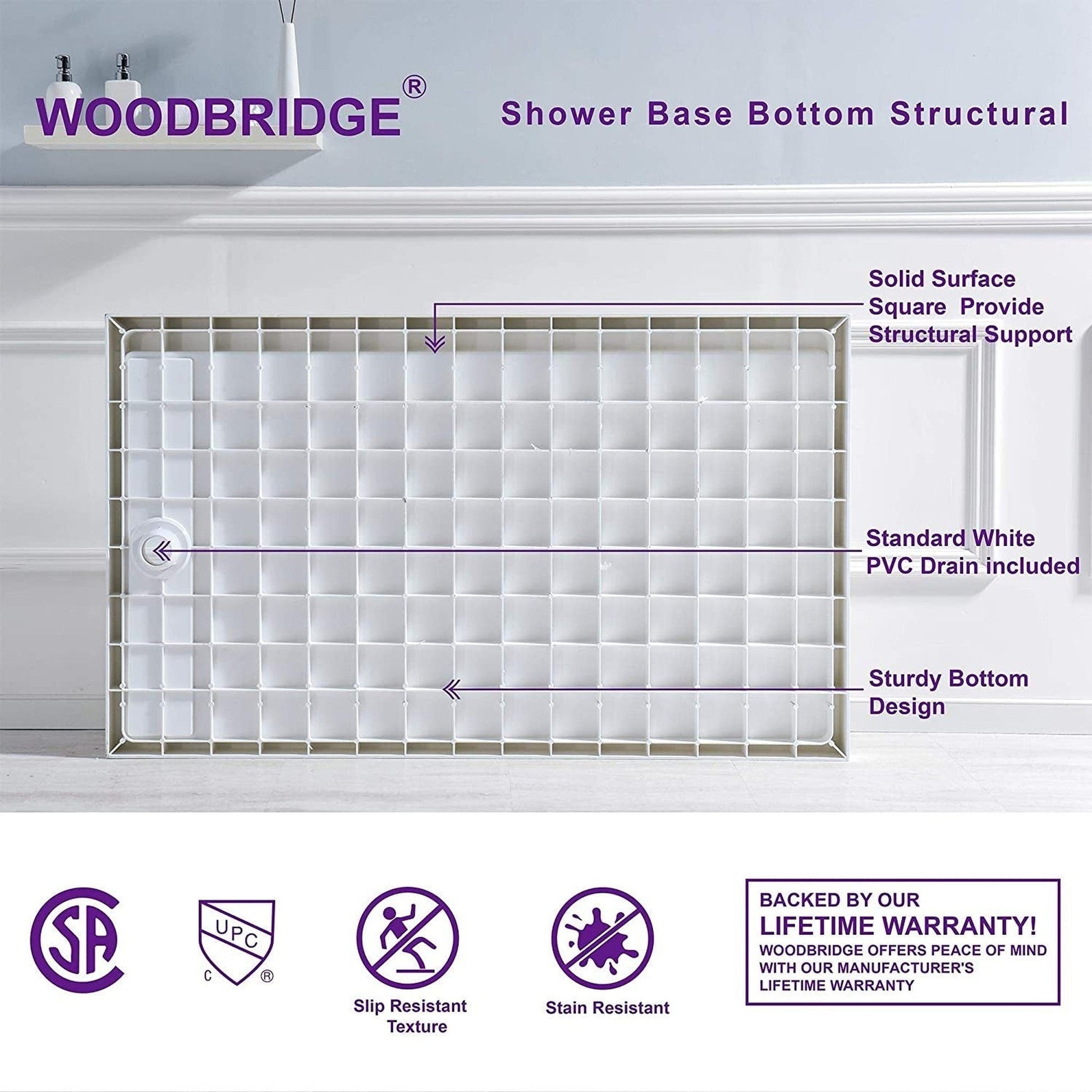 WoodBridge 60" x 34" White Solid Surface Left Drain Location Brushed Gold Trench Cover Shower Base With MBSDC6076-BG Frameless Shower Door and SWP603296-2-SU-H Matte Gray Vertical Pattern 3-Panel Shower Wall Kit