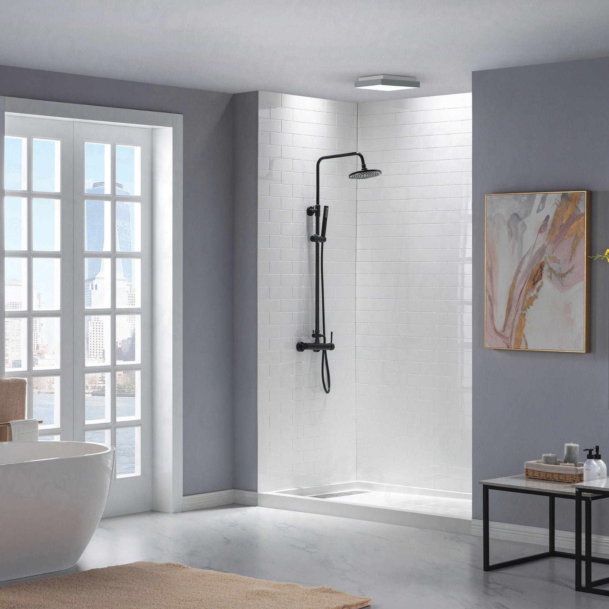 WoodBridge 60" x 34" White Solid Surface Left Drain Location Brushed Gold Trench Cover Shower Base With MBSDC6076-BG Frameless Shower Door and SWP603696-2-SU-H Matte Gray Vertical Pattern 3-Panel Shower Wall Kit