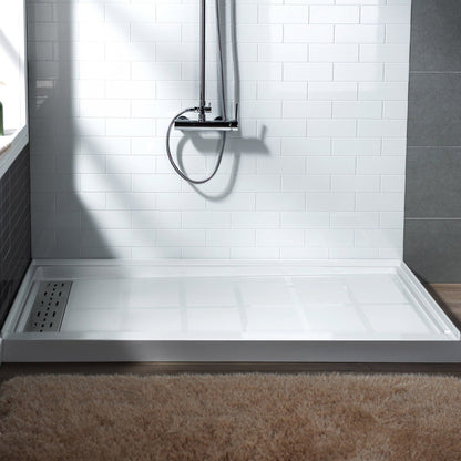 WoodBridge 60" x 34" White Solid Surface Left Drain Location Brushed Nickel Trench Cover Shower Base With MBSDC6062-BN Frameless Shower Door and SWP603696-1-SU-H White High Gloss Vertical Pattern 3-Panel Shower Wall Kit