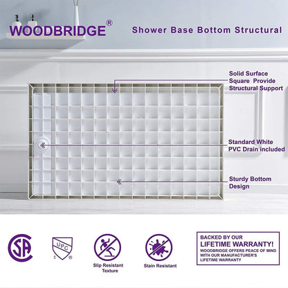 WoodBridge 60" x 34" White Solid Surface Left Drain Location Brushed Nickel Trench Cover Shower Base With MBSDC6062-BN Frameless Shower Door and SWP603696-2-SU-H Matte Gray Vertical Pattern 3-Panel Shower Wall Kit