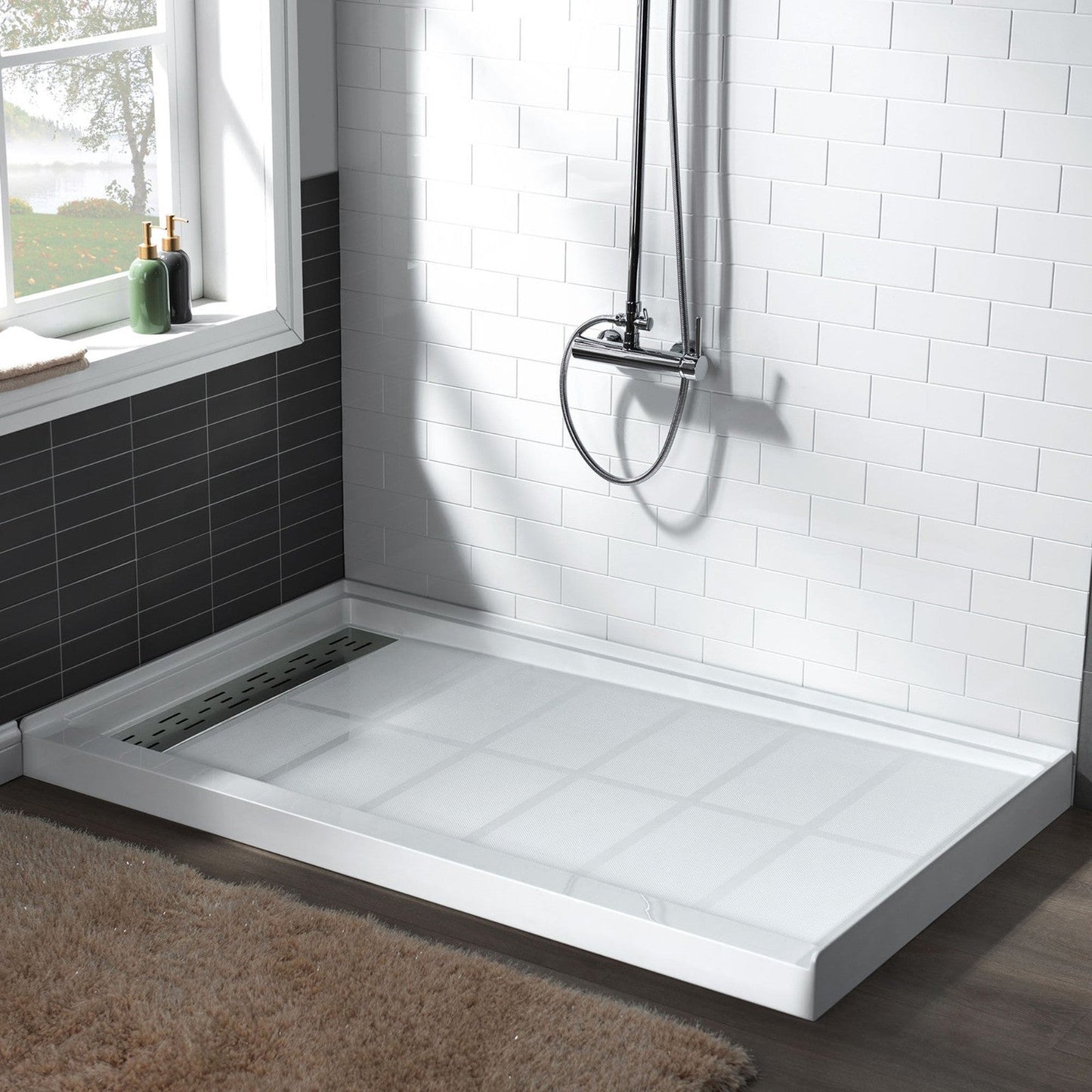 WoodBridge 60" x 34" White Solid Surface Left Drain Location Brushed Nickel Trench Cover Shower Base With MBSDC6076-B Frameless Shower Door and SWP603696-1-SU-H White High Gloss Vertical Pattern 3-Panel Shower Wall Kit