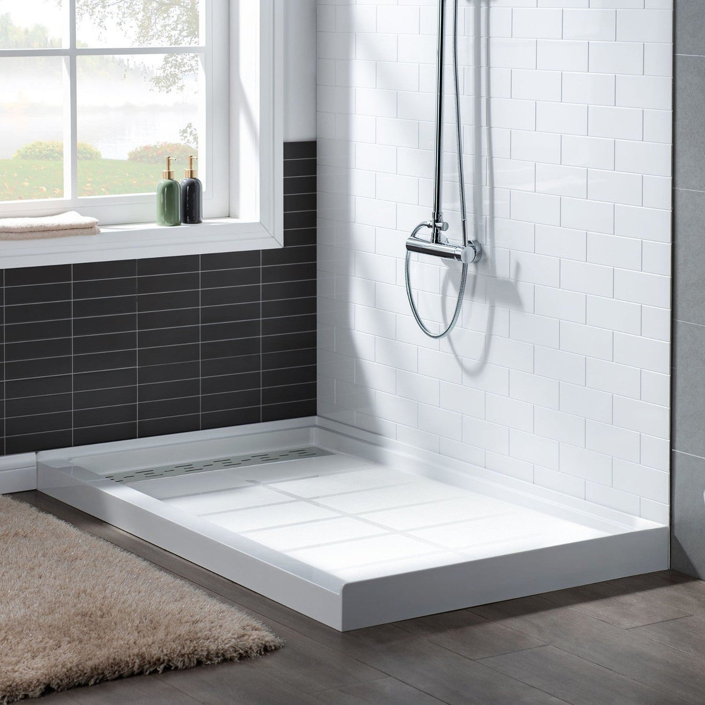 WoodBridge 60" x 34" White Solid Surface Left Drain Location Brushed Nickel Trench Cover Shower Base With SDD6062-B Double Sliding Frameless Shower Door and SWP603696-1-SU-H White High Gloss Vertical Pattern 3-Panel Shower Wall Kit