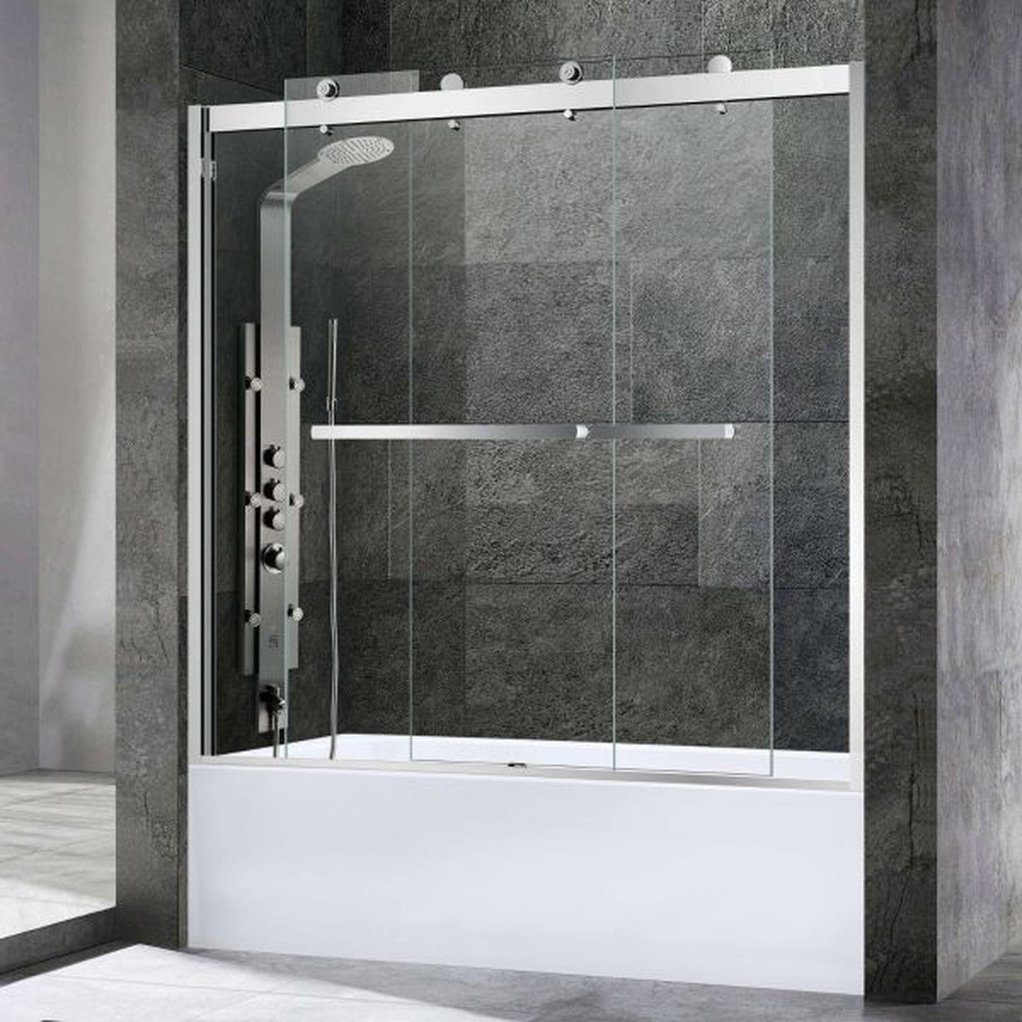 WoodBridge 60" x 34" White Solid Surface Left Drain Location Brushed Nickel Trench Cover Shower Base With SDD6062-B Double Sliding Frameless Shower Door and SWP603696-1-SU-H White High Gloss Vertical Pattern 3-Panel Shower Wall Kit