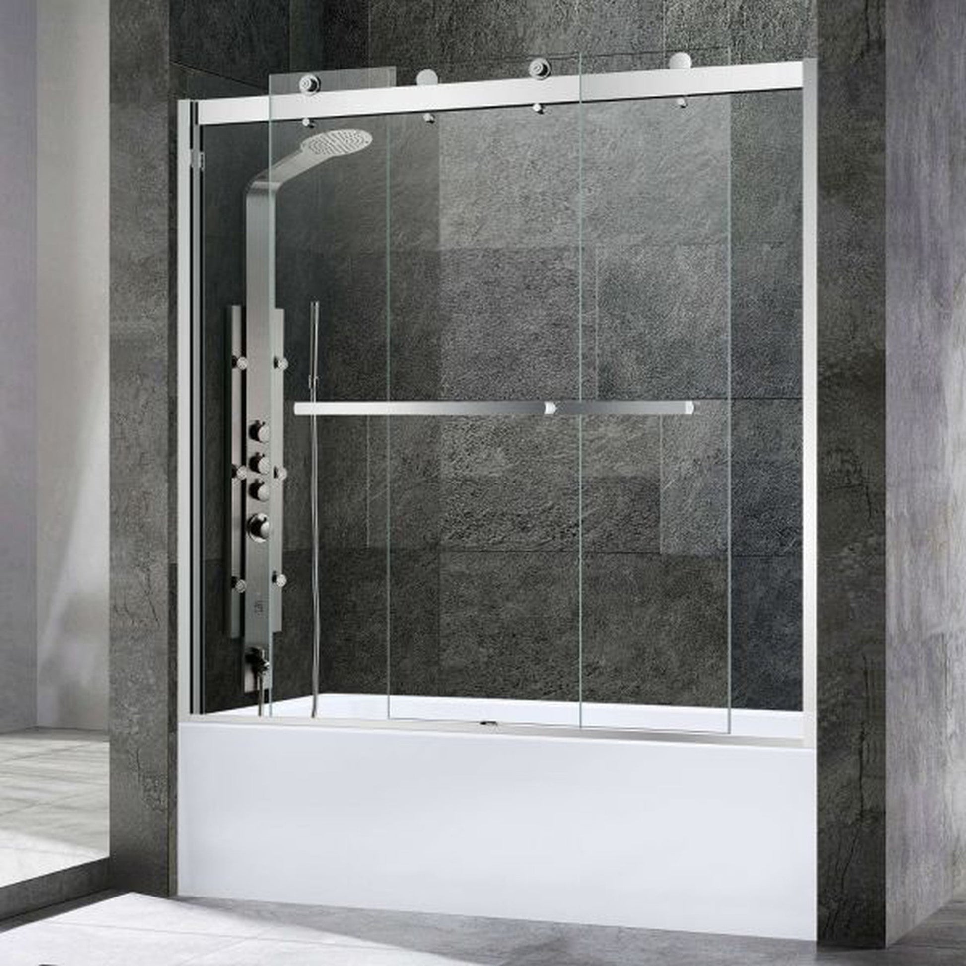 WoodBridge 60" x 34" White Solid Surface Left Drain Location Brushed Nickel Trench Cover Shower Base With SDD6062-B Double Sliding Frameless Shower Door and SWP603696-1-SU-H White High Gloss Vertical Pattern 3-Panel Shower Wall Kit