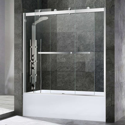WoodBridge 60" x 34" White Solid Surface Left Drain Location Brushed Nickel Trench Cover Shower Base With SDD6062-B Double Sliding Frameless Shower Door and SWP603696-1-SU-H White High Gloss Vertical Pattern 3-Panel Shower Wall Kit
