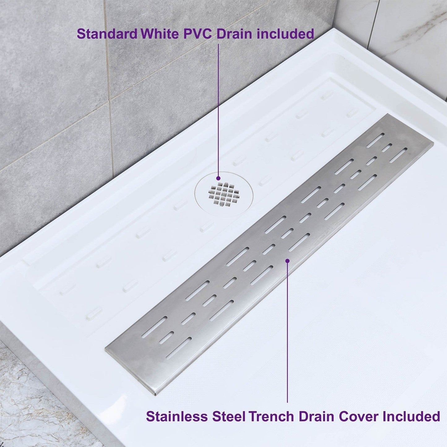 WoodBridge 60" x 34" White Solid Surface Left Drain Location Brushed Nickel Trench Cover Shower Base With SDD6062-B Double Sliding Frameless Shower Door and SWP603696-2-SU-H Matte Gray Vertical Pattern 3-Panel Shower Wall Kit