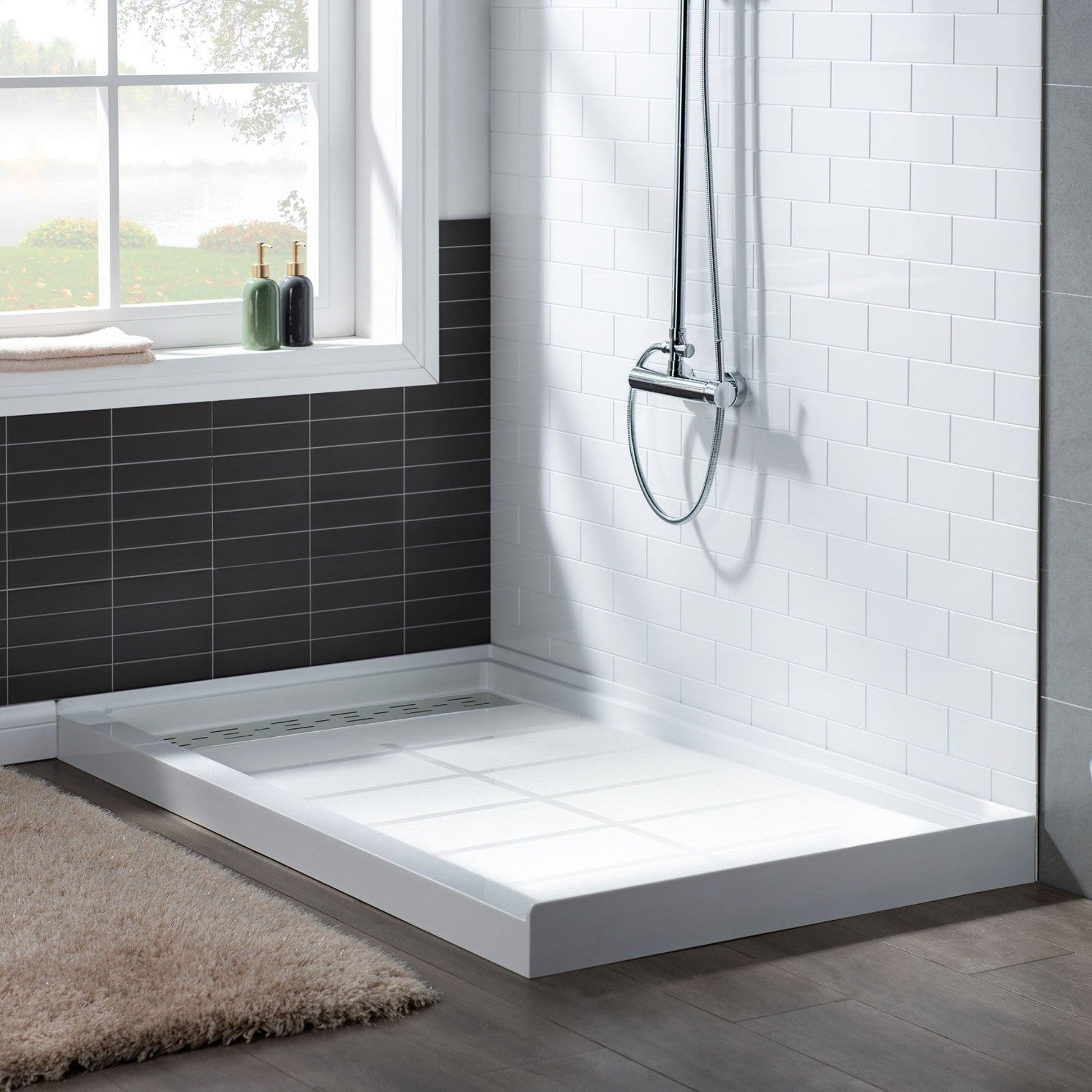 WoodBridge 60" x 34" White Solid Surface Left Drain Location Brushed Nickel Trench Cover Shower Base With SDD6062-B Double Sliding Frameless Shower Door and SWP603696-2-SU-H Matte Gray Vertical Pattern 3-Panel Shower Wall Kit