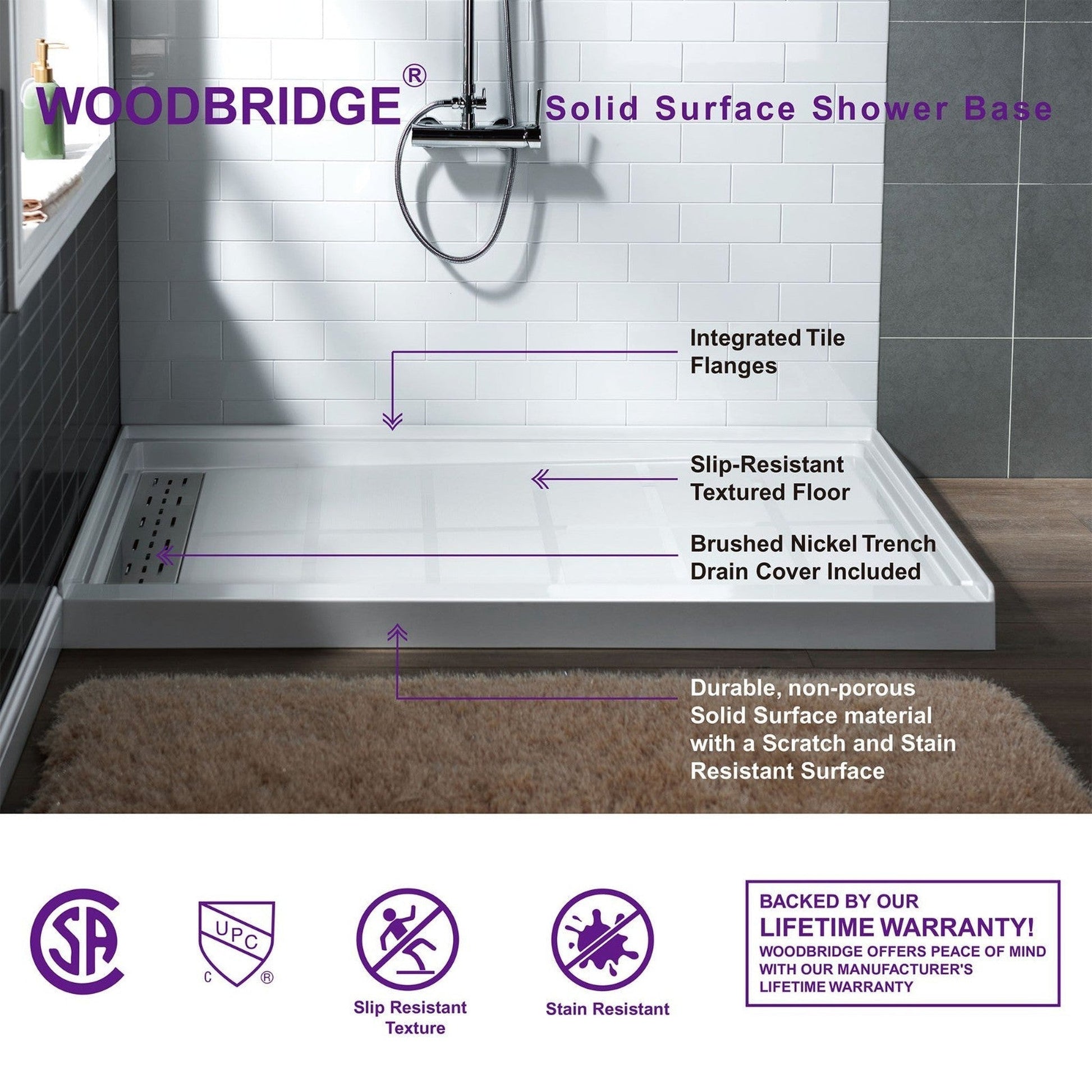 WoodBridge 60" x 34" White Solid Surface Left Drain Location Brushed Nickel Trench Cover Shower Base With SDD6062-B Double Sliding Frameless Shower Door and SWP603696-2-SU-H Matte Gray Vertical Pattern 3-Panel Shower Wall Kit