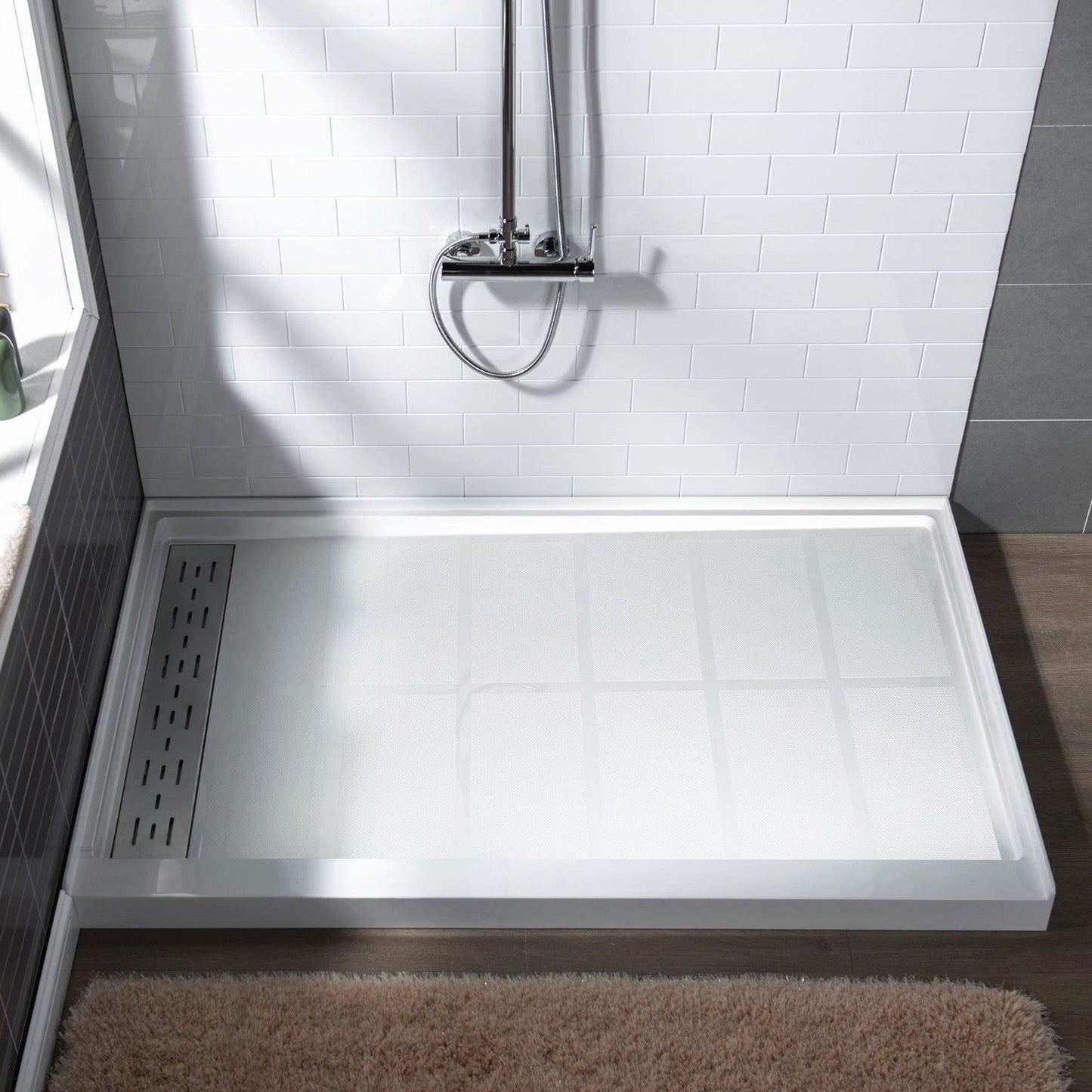 WoodBridge 60" x 34" White Solid Surface Left Drain Location Brushed Nickel Trench Cover Shower Base With SDD6062-B Double Sliding Frameless Shower Door and SWP603696-2-SU-H Matte Gray Vertical Pattern 3-Panel Shower Wall Kit