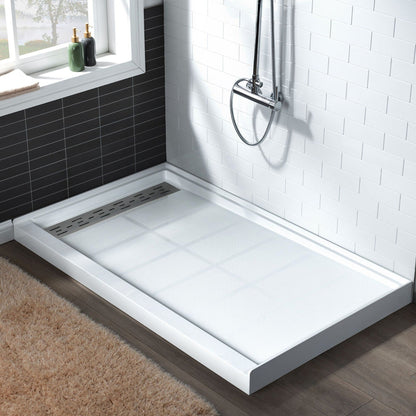 WoodBridge 60" x 34" White Solid Surface Left Drain Location Brushed Nickel Trench Cover Shower Base With SDD6076-B Double Sliding Frameless Shower Door and SWP603296-1-SU-H White High Gloss Vertical Pattern 3-Panel Shower Wall Kit