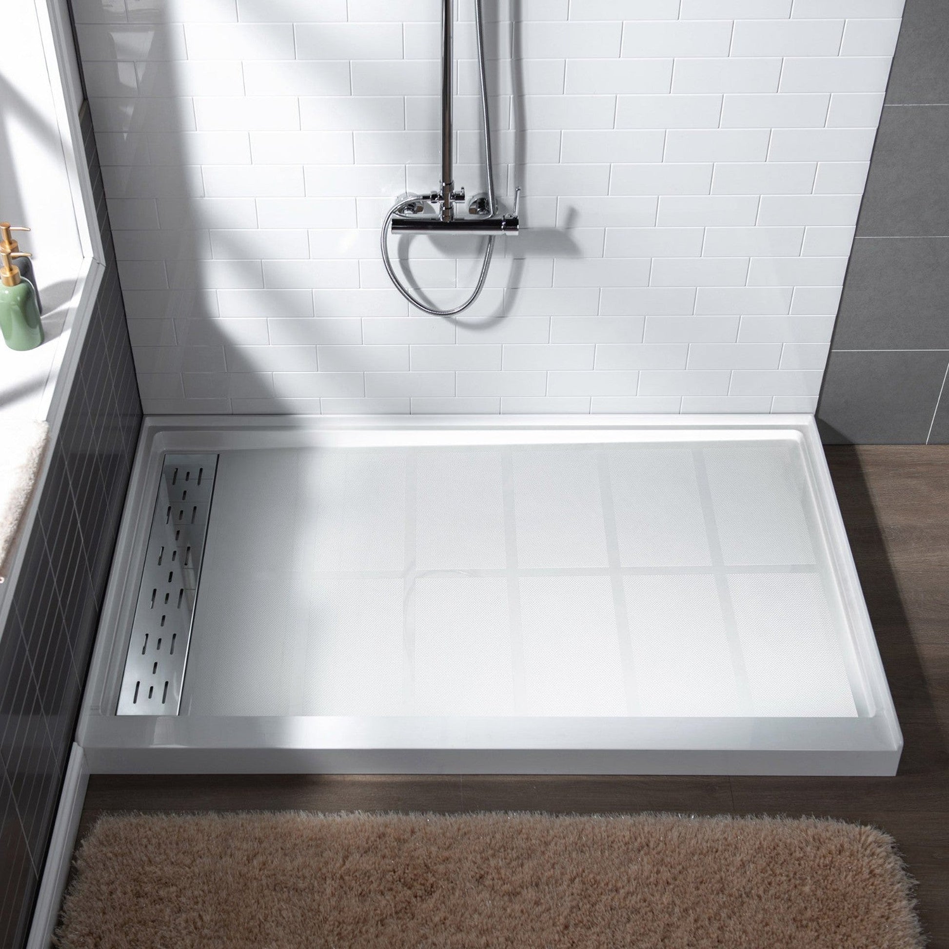 WoodBridge 60" x 34" White Solid Surface Left Drain Location Chrome Trench Cover Shower Base With MBSDC6062-C Double Sliding Frameless Shower Door and SWP603296-2-SU-H Matte Gray Vertical Pattern 3-Panel Shower Wall Kit