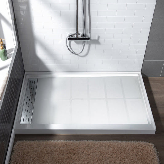 WoodBridge 60" x 34" White Solid Surface Left Drain Location Chrome Trench Cover Shower Base With MBSDC6062-C Double Sliding Frameless Shower Door and SWP603696-2-SU-H Matte Gray Vertical Pattern 3-Panel Shower Wall Kit